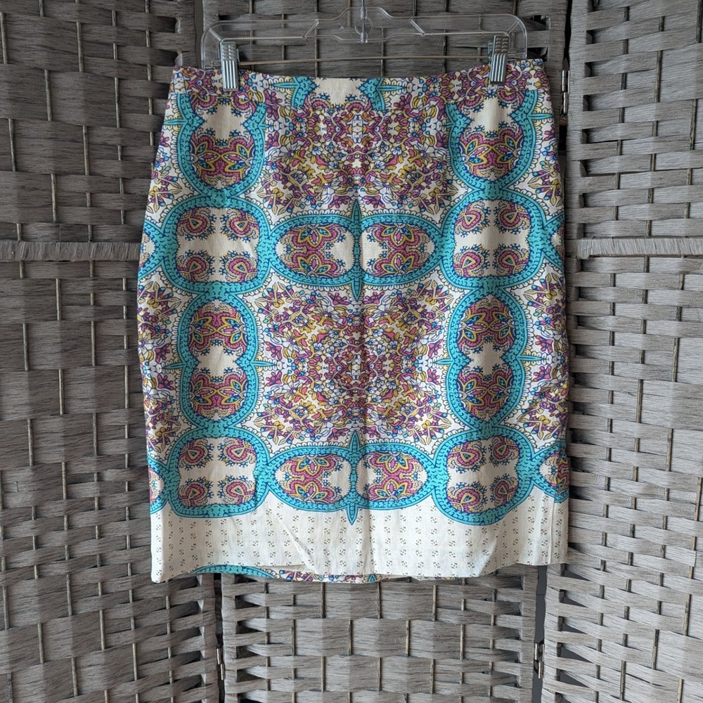 Maeve Pencil‎ Skirt Multi Color Teal Paisley Linen Blend Sz 12 Anthro Office EUC
